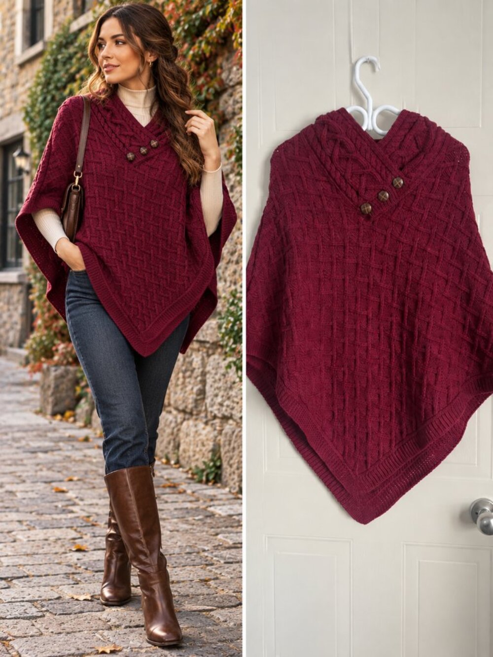 Aran Mor Burgundy Irish Merino Wool Cable Knit Poncho Oversized Cottagecore S
